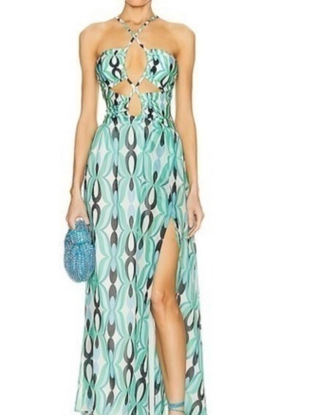 PatBO Mint and Black Geometric Cutout Maxi Dress